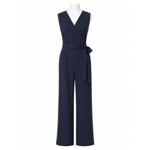 Emma & Michele Women’s Size 10 Navy Pinstripe Sleeveless Jumpsuit Belted NWT